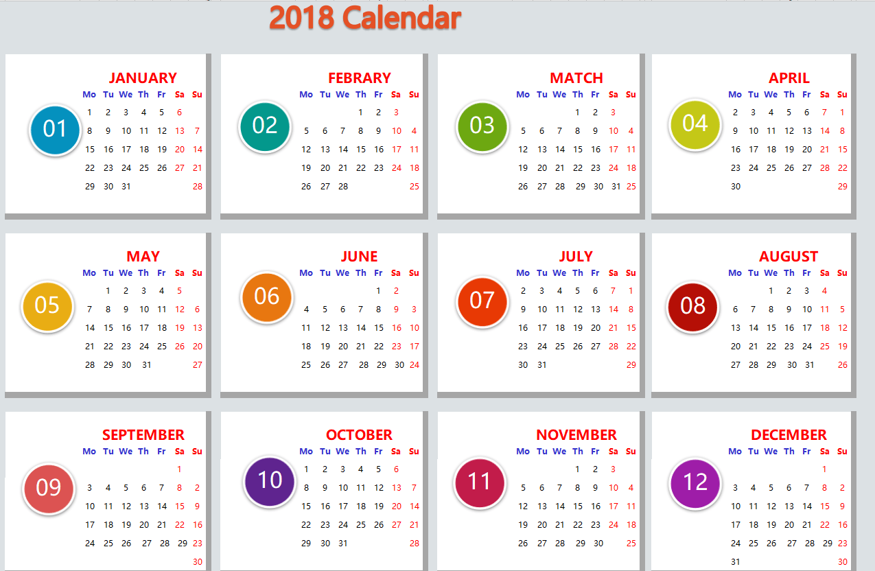 Excel Of Colorful Design 18 Monthly Calendar 01 Xlsx Wps Free Templates
